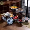 Chinese Ceramic Fruit Plates Retro High-legged Dessert Snacks Plate Trays Blue and White Porcelain Tableware Kitchen Supplies