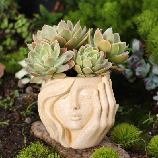 Artistic Women Head Planter Imitation Stone Texture Resin Plant Pot Elegant Female Face Planter for Succulents Indoor Balcony Bedroom Decor