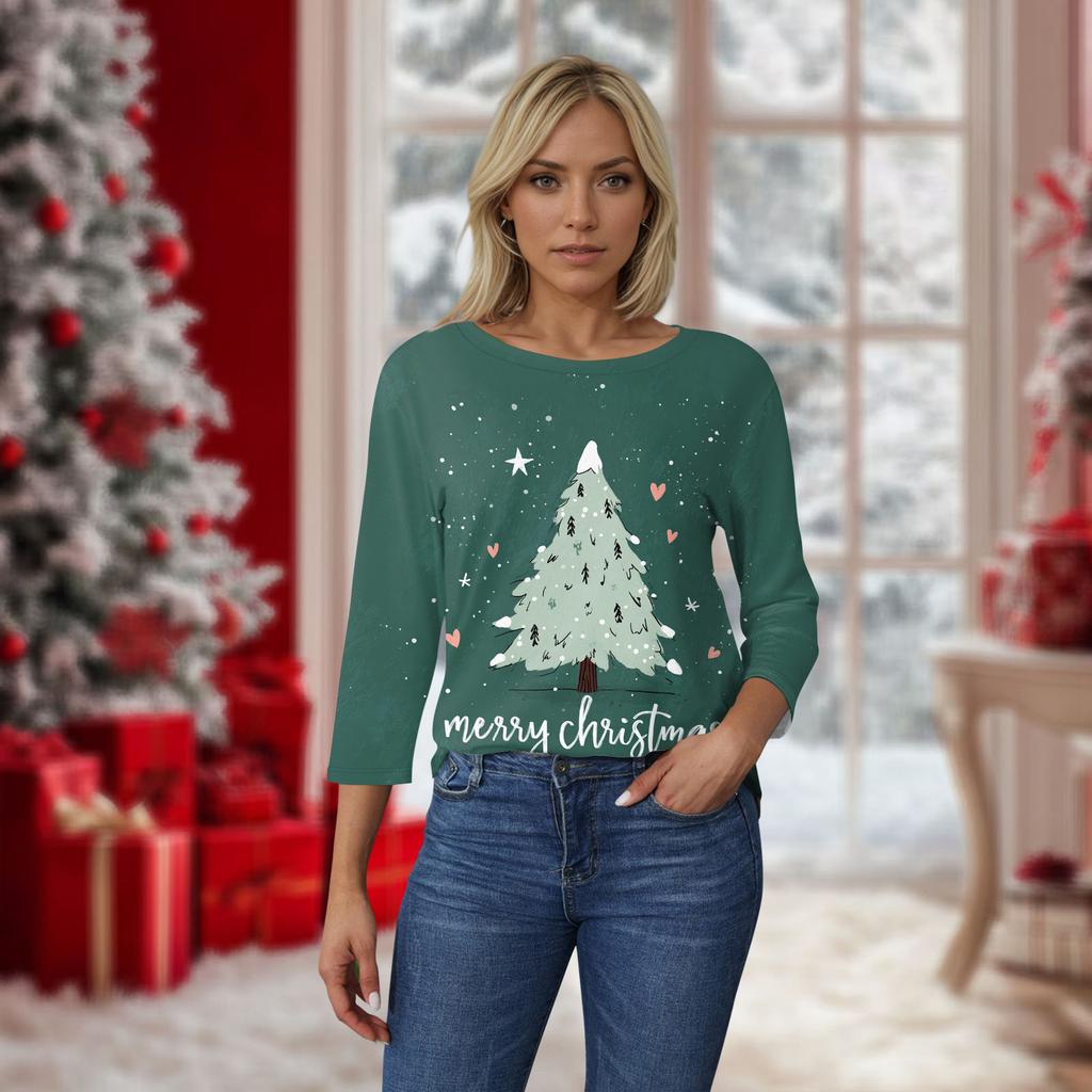 Women's O-Neck 3/4 Sleeve Christmas Print Top