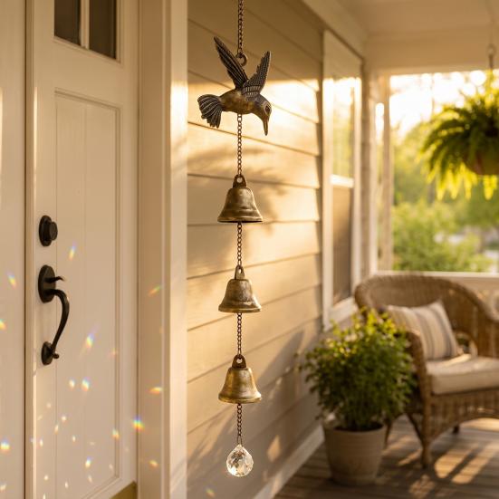 Crystal Sun Catchers Vintage Hummingbird Wind Chime, Metal Hanging Ornament with Bells & Pastoral Style Ornaments Suncatcher, Rustic Garden Decor for