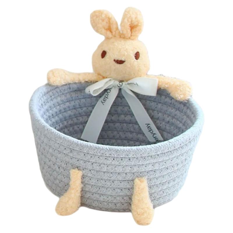 Multipurpose Woven Cotton Basket Elegant Knitted Storage Bin with Rabbit and Bear Patterns for Household Items small