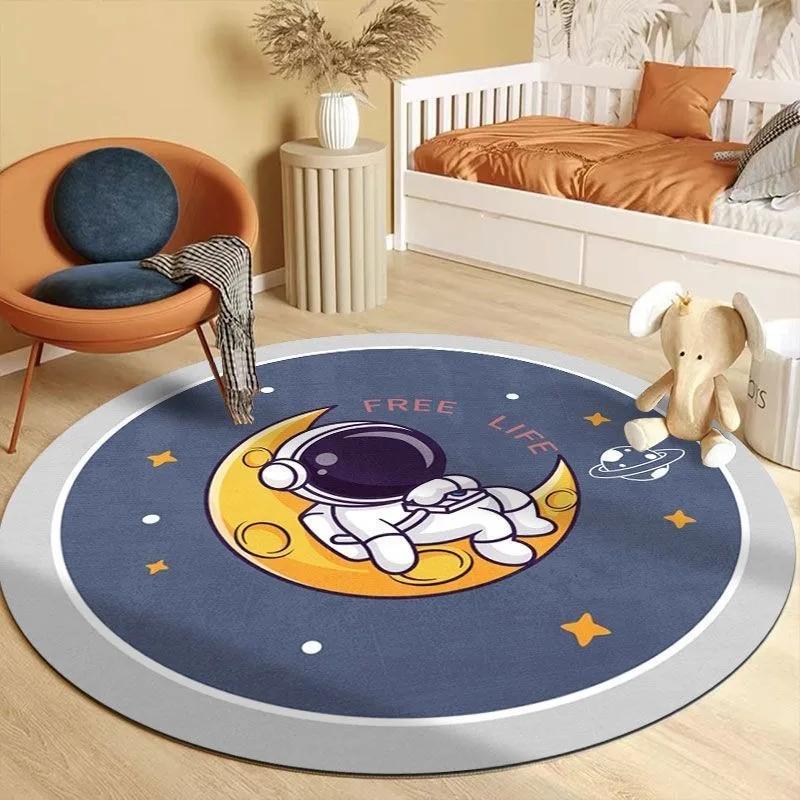 Round Cartoon Space Astronaut Pattern Carpet Soft Rug For Kids Room Bedroom Study Area Home Decor Children Students Use