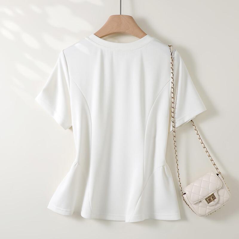 T-shirt Girocollo Arricciata con Nastro di Perle Retro Yibai 26 per Donna