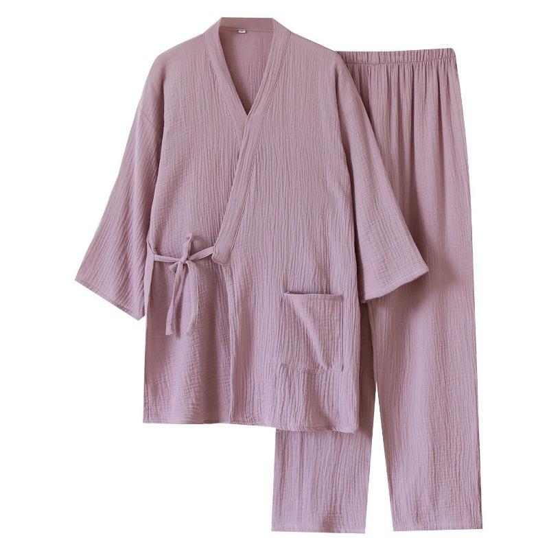 2026 New Couple Japanese Kimono Set 100% Cotton Crepe Cloth Women's Spring and Autumn Simple Solid Color Home Clothes