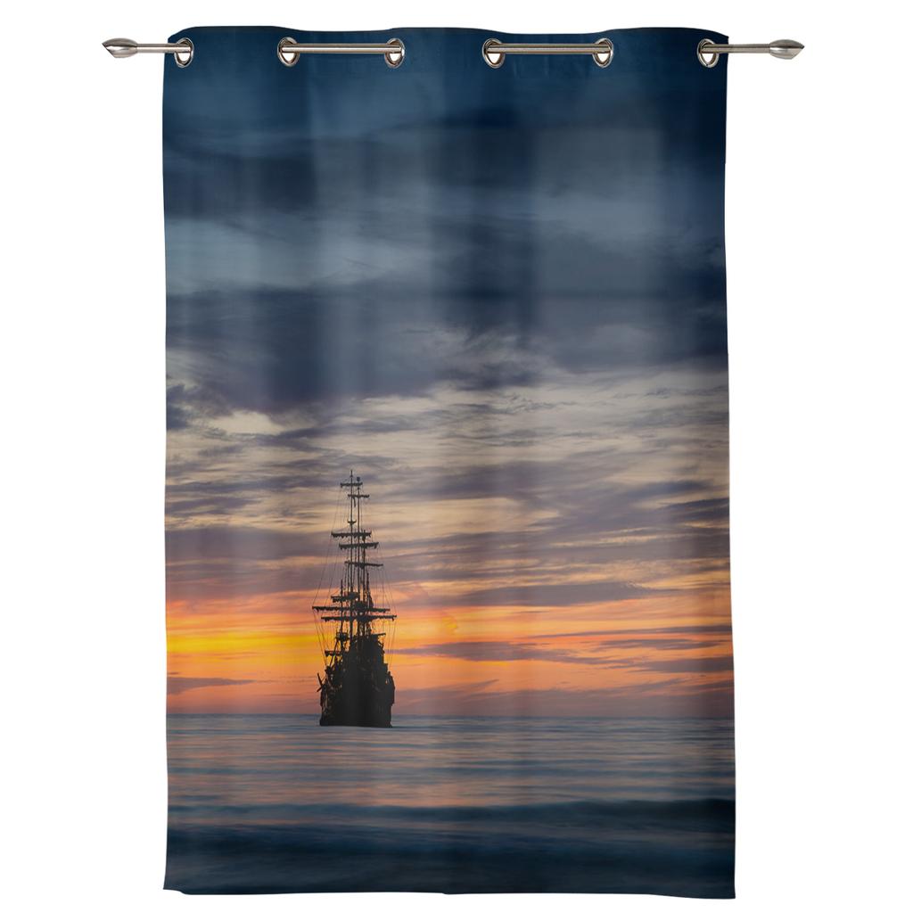 Sunset Sea Black Ship Window Curtain Modern European Style Curtains for Bedroom Living Room Backdrop Curtain