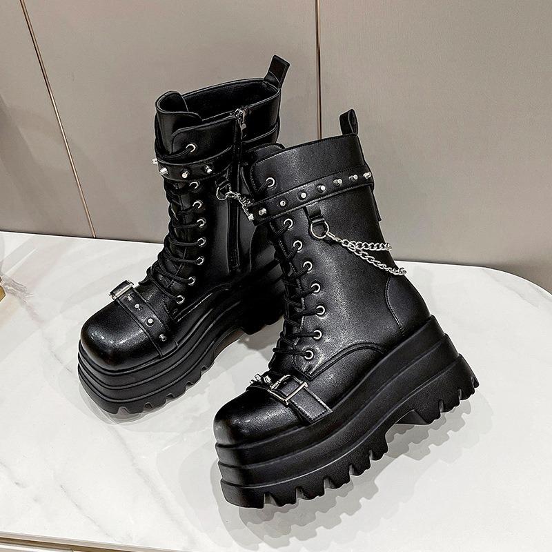 Cizme gotice groase cu platformă, cu cataramă, pantofi de toamnă pentru femei, cizme până la genunchi, punk street, cosplay, lanț de motocicletă