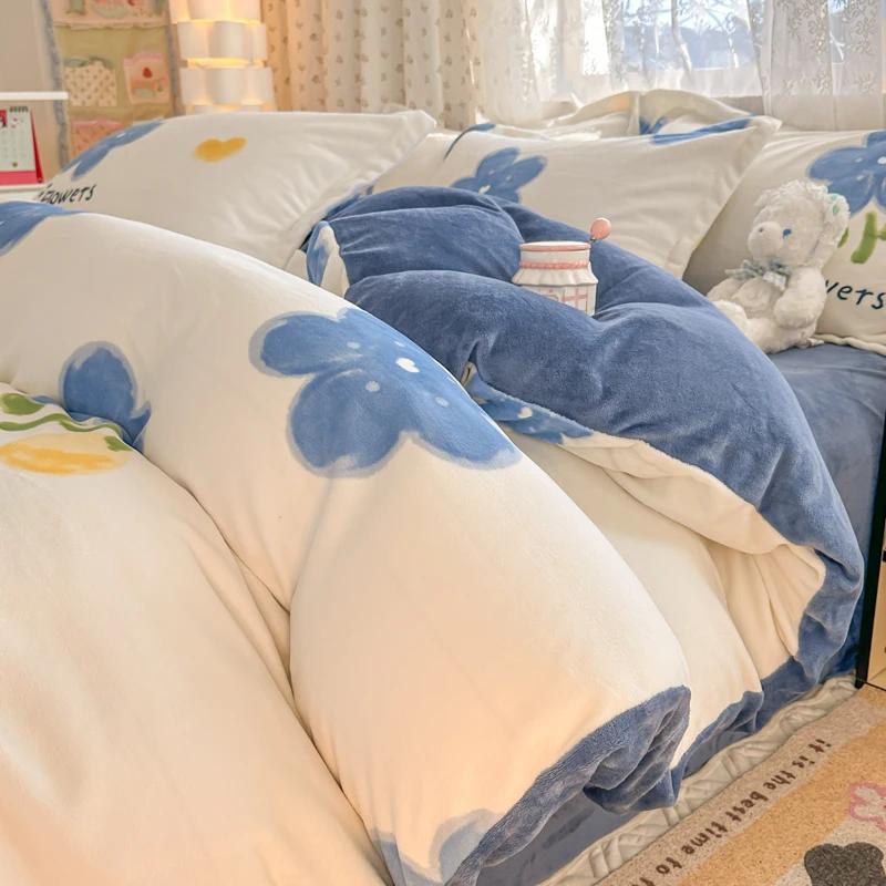 2024 New Class A Small Fresh Printed Milk Fleece Single Bedding Set Thick Warm Cartoon Quilt Cover Fall and Winter Duvet Cover