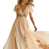 Vestito da Donna con Scollo a V, Manica Corta, Stampa Digitale Posizionata, Gonna Lunga, Elegante, Aderente, Vita Alta