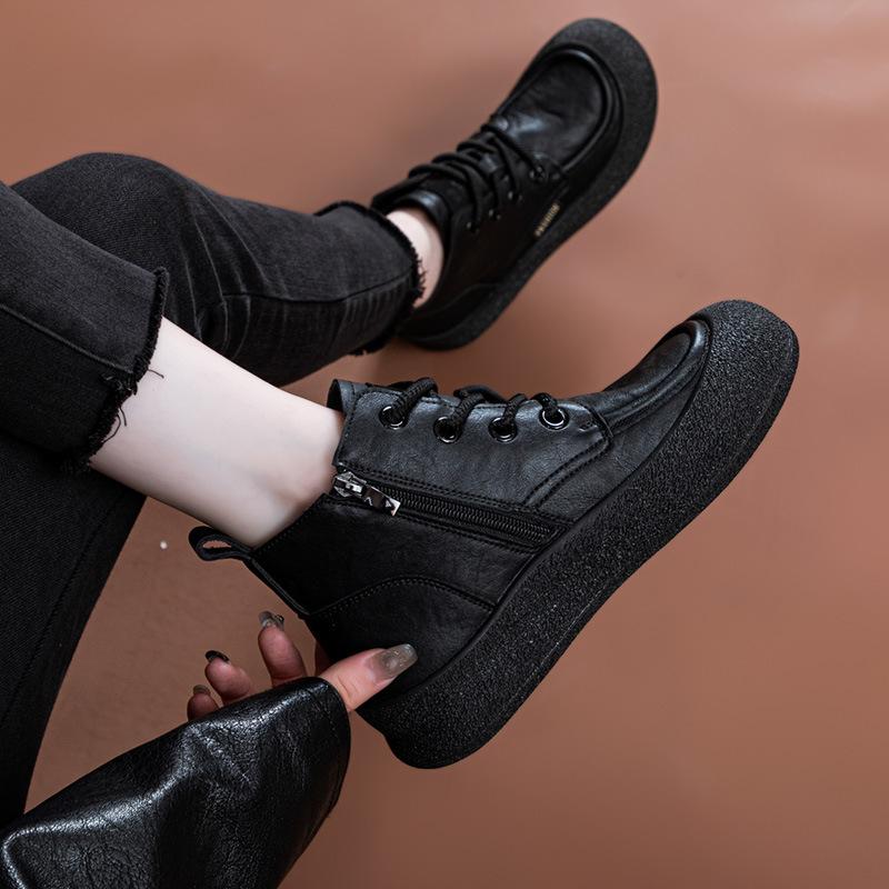 Fashion retro literary soft leather thick-soled Martin boots soft-soled side zipper lace-up small cotton boots