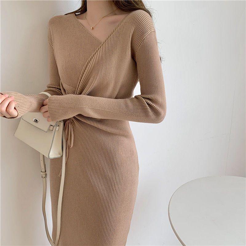 Large Temperament Light Mature Style Medium Length Knitted V-neck Split Dress
