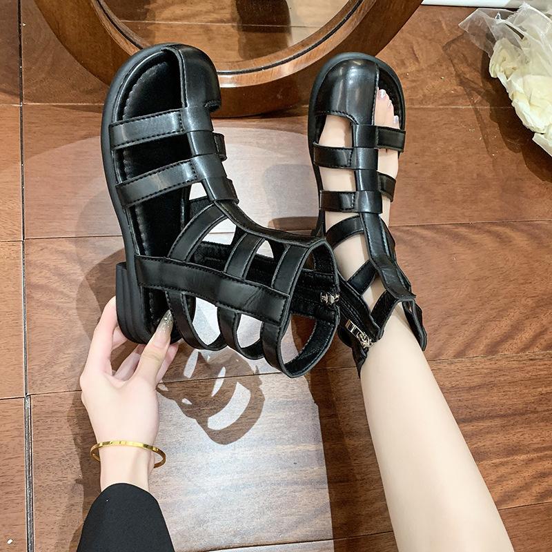 Niche design half bag head hollow leak toe cool boots thick heel leather side zipper high top sandals women