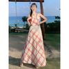Redskins Hall Suspender Dress Women's Summer New Casual Waist and Thin Temperament Long Dress Red and White Plaid Skirt