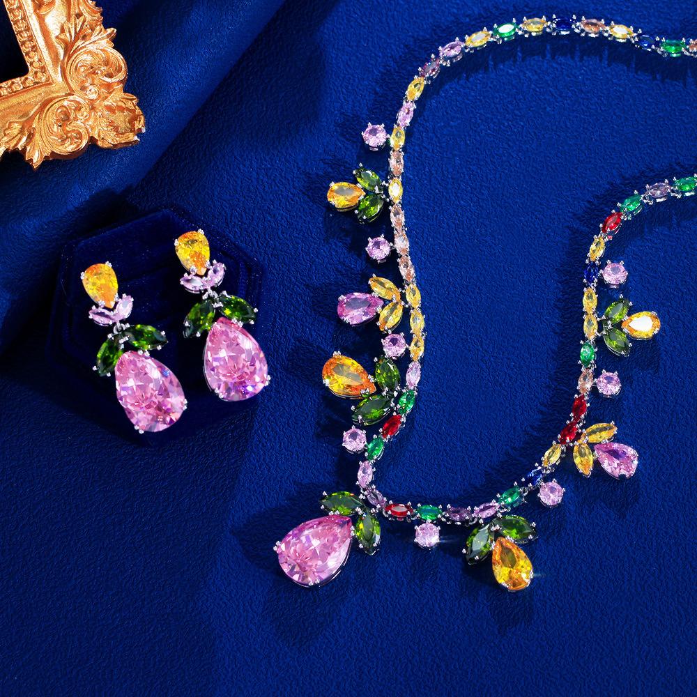 Heavy Industry Rainbow Necklace Earrings Set Dinner Dress Wedding Accessories Color Zircon Bridal Set Chain