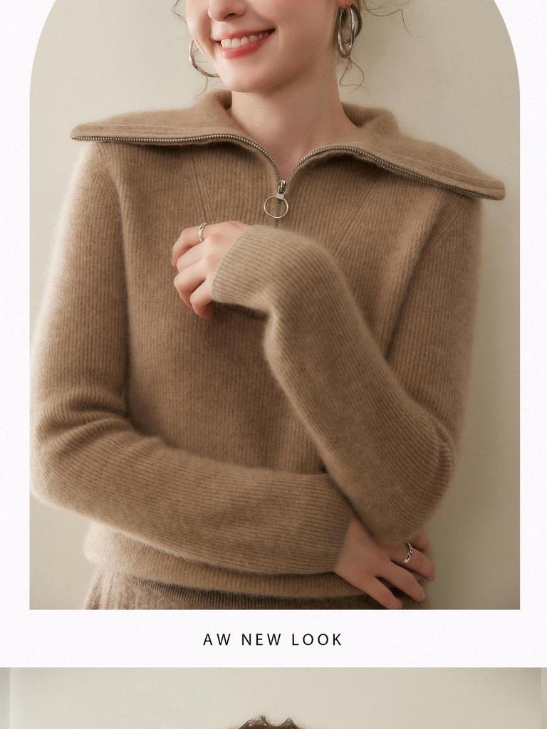 Autumn Winter Ribbed Knitwear: Large Lapel, Solid Color, Loose Half Zip, Thick Cashmere Sweater.