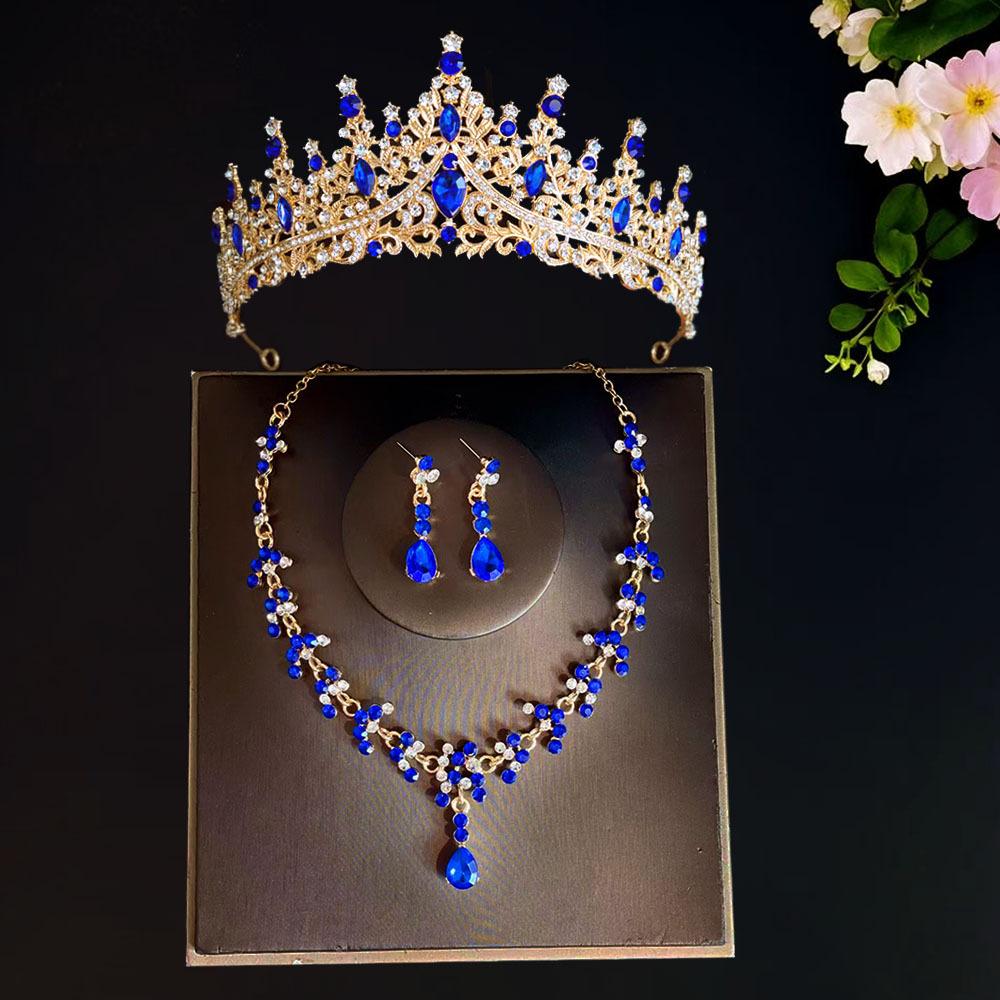 New Bridal Tiara Crown Three Piece Set  Wedding Necklace Earrings Crystal Set  Wedding Accessories