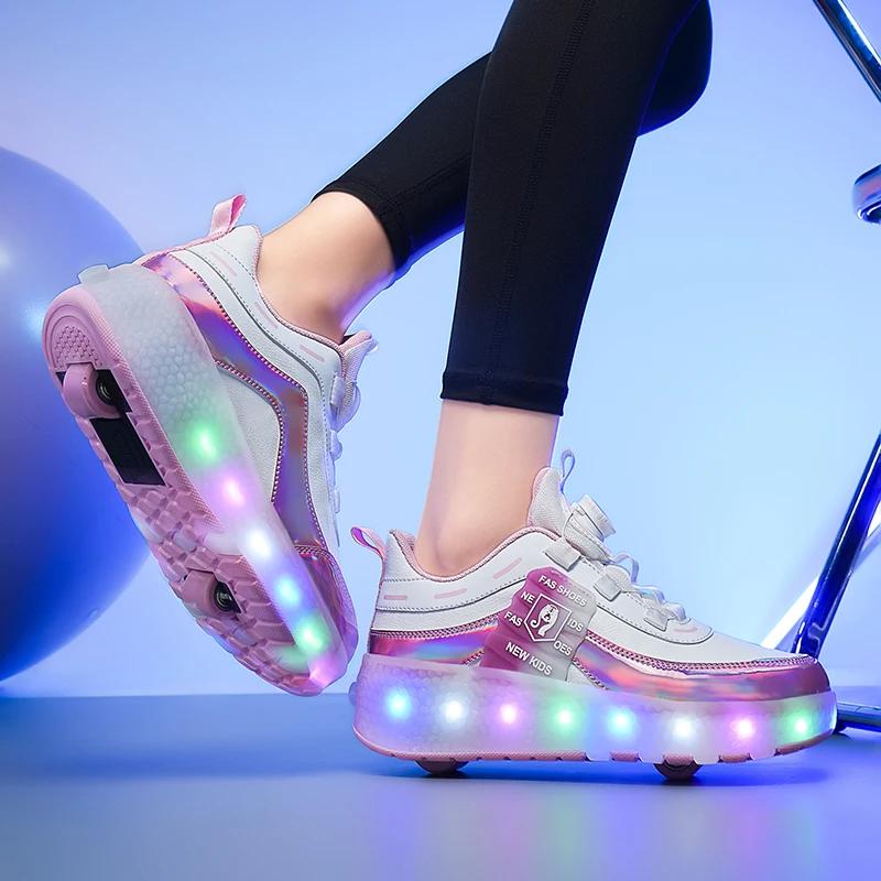 Kids LED Racing Roller Skates Shoe With 2 Wheels Children's Speed Skate For Girl And Boy Sneakers Skates With Removable Wheels