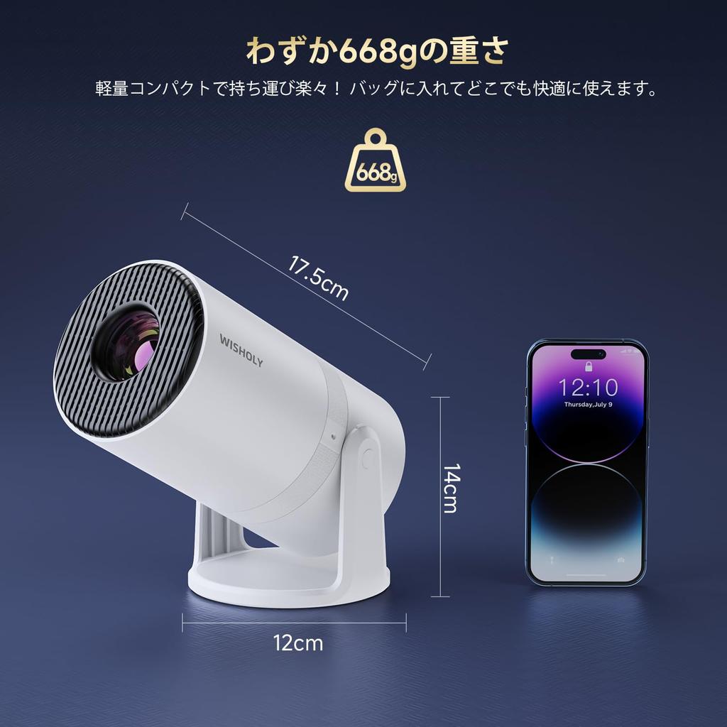 WISHOLY Domácí projektor Android Stropní 1080P Automatická korekce lichoběžníku Bluetooth HiFi Zoom Tiché připojení k [Motorizované ostření, TV, 270° Rotace] Projekce,