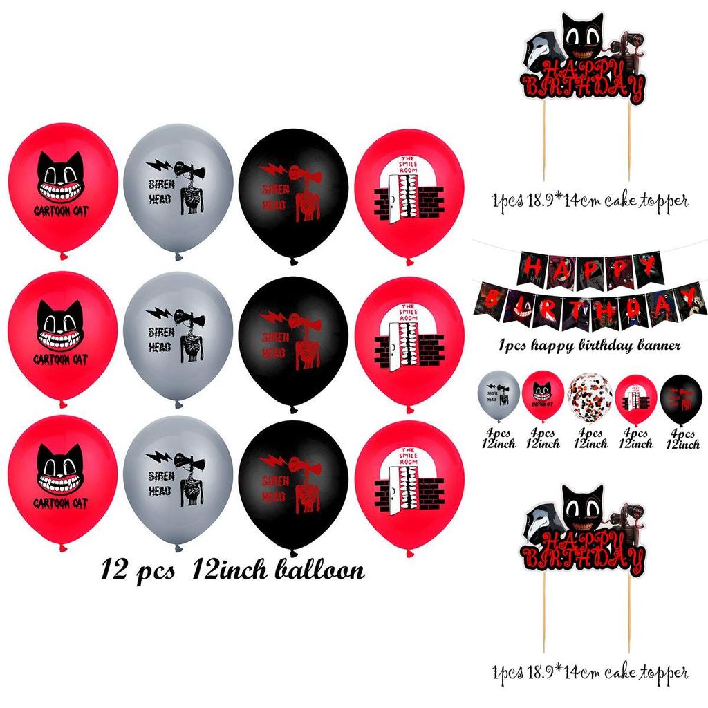 Siren Head Cartoon Cat Horror Theme Birthday Party Balloon Banner Cake Topper Set