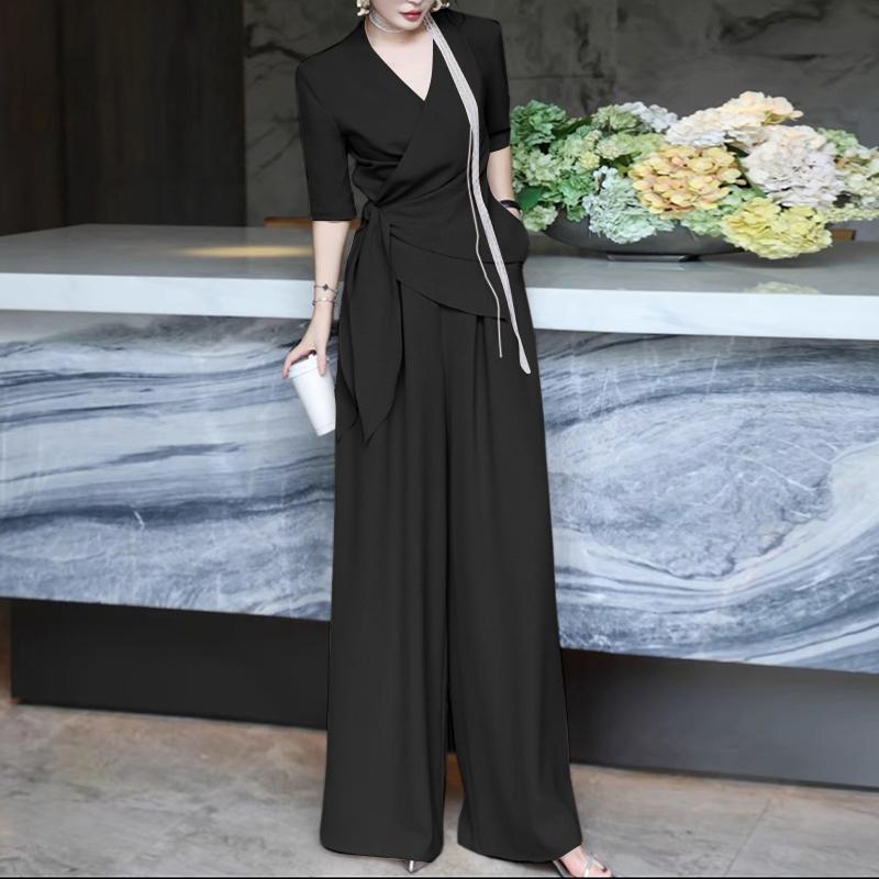 ZANZEA Womens Casual V-Neck Half Sleeve Wrap Tie Top and Loose Pants Two Piece Suit Sets