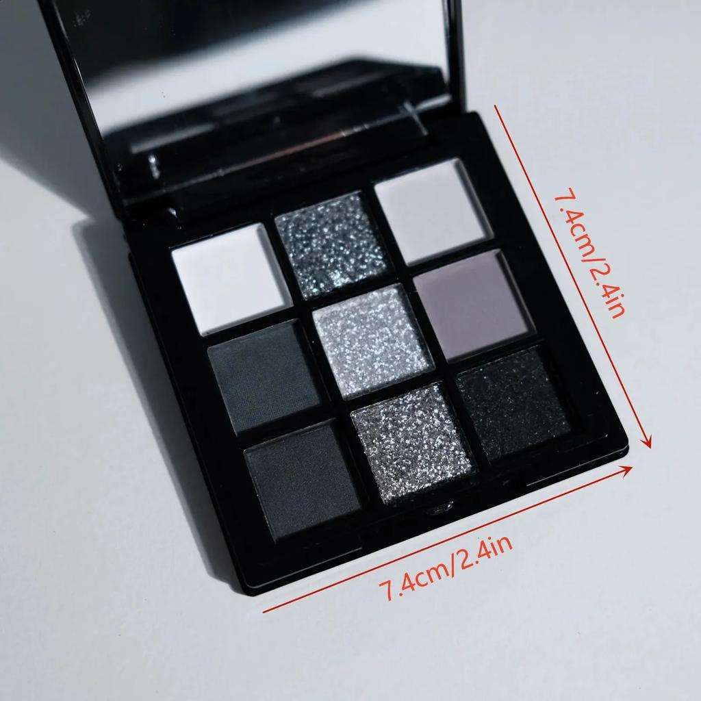9-shade Eyeshadow Palette: Black Swan, Smoky, Dark Black, Grey Silver Glitter, Matte Finish, Extended Wear, and Easy to Color