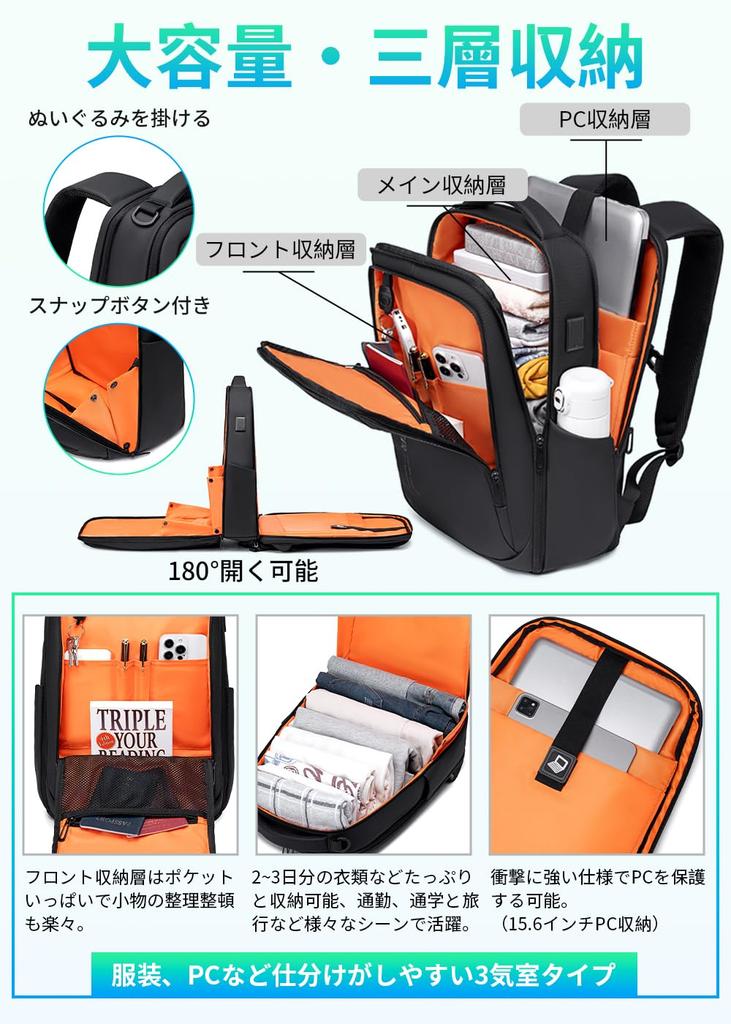 Negocios Carga USB Grande Negocios Para Negocios Negro [FENRUIEN] Mochila, Capacidad, Almacenamiento Multicapa, Puerto, Mochila, Antirrobo,