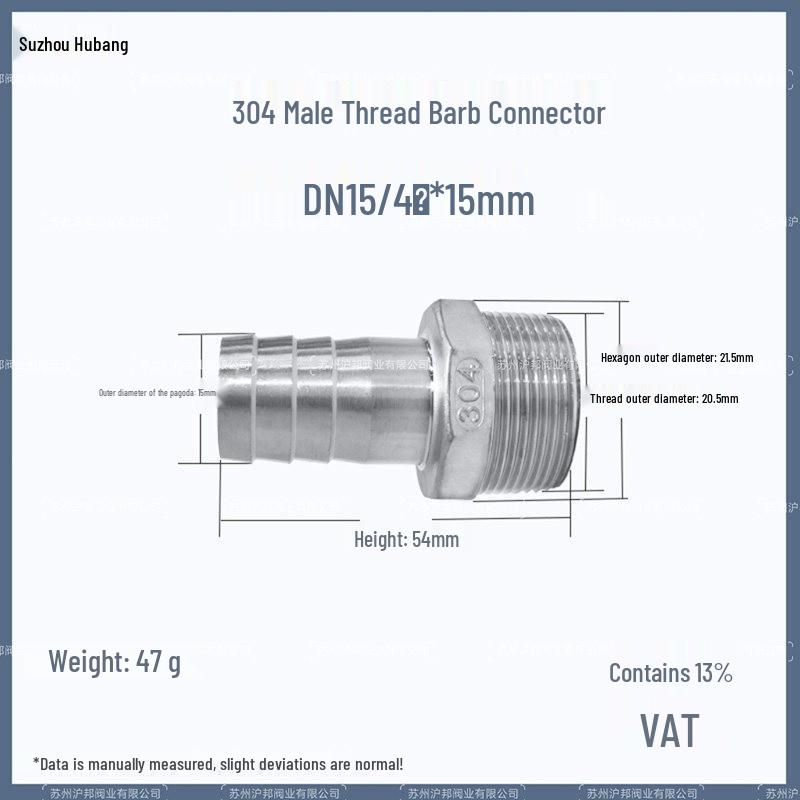 1" Hexagonal Barb Connector, 304 Stainless Steel for Water Pipe Hose, 316 Male Thread Plug