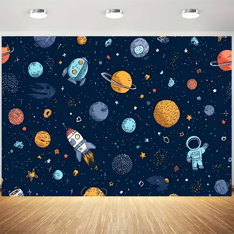 2D Whimsical Space Photography Backdrop, Cute Astronaut, Rocket & Planets Starry Background Cloth 47.2x31.5inch/120*80cm