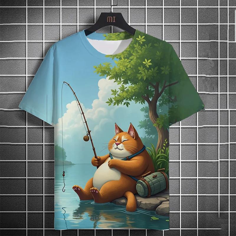 Men's T-shirt 3D Printed Funny Beach Catching Fish Kitten Printed Short Sleeve T-shirt Daily Casual Round Neck T-shirt Polyester