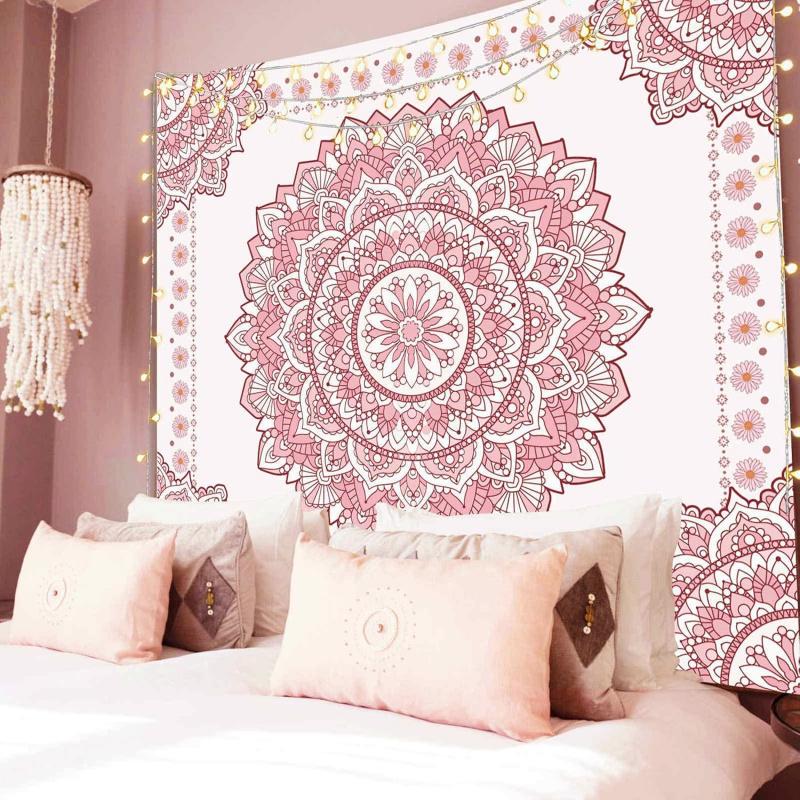 VIKAMA Pink Mandala Tapestry Dreamy Decor for Kids Rooms Geometric Bedding Set with GlowintheDark Accents
