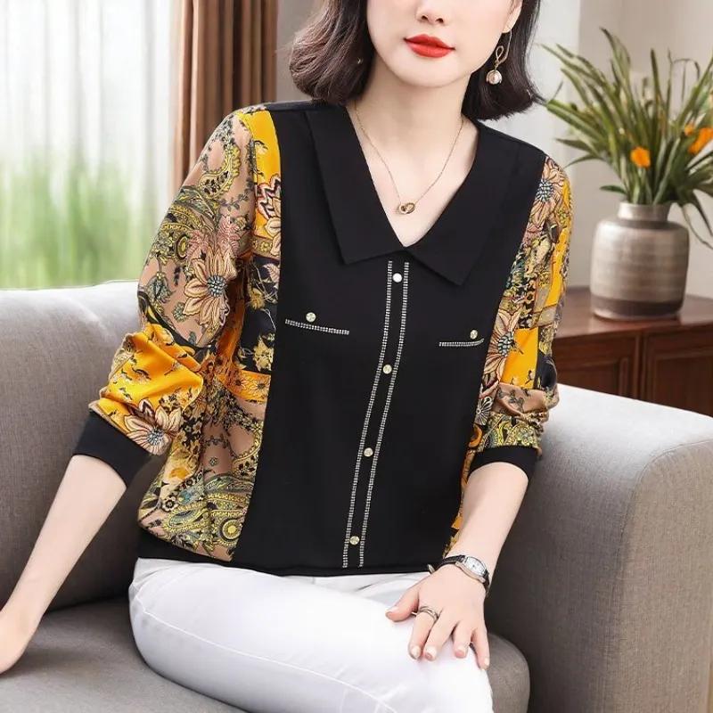 Fashion Long Sleeve Mom Blouse Doll Collar Print Slim Fit For Spring Autumn