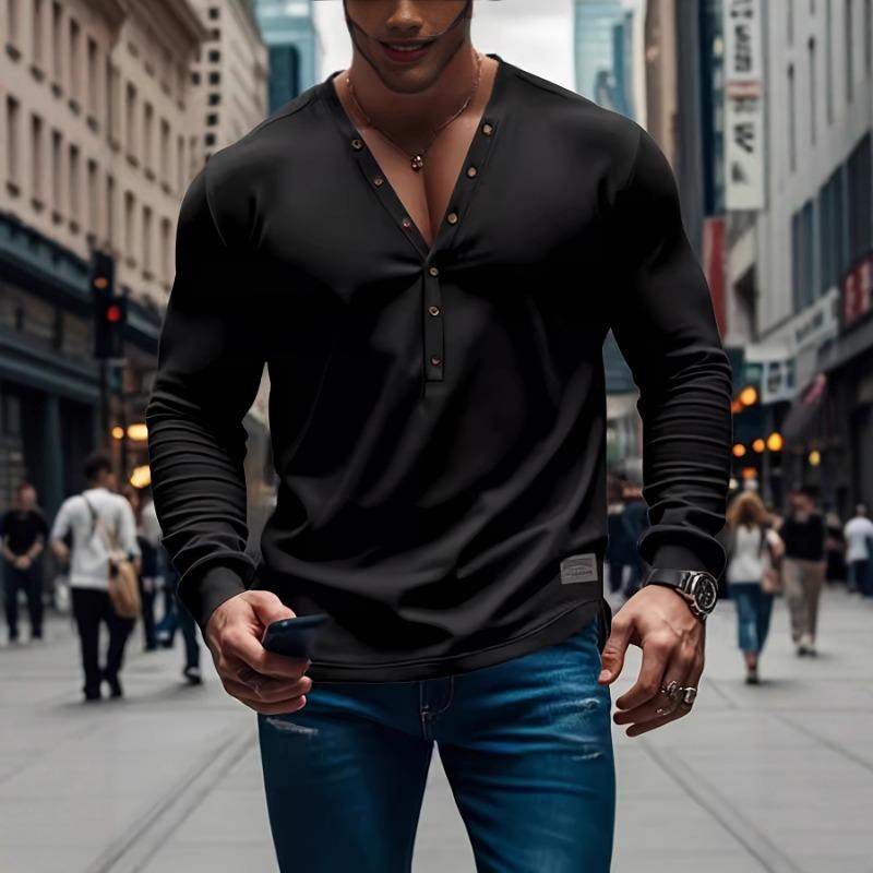 Men's Long Sleeve Henley Top Button Placket V-Neck Slim Fit Casual Daily Shirt