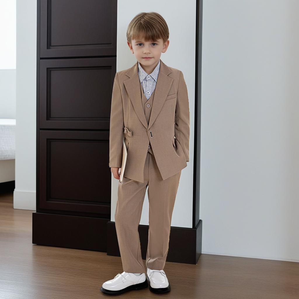 Teen Boys 4 Piece Gentleman Suit Asymmetrical Buckle Blazer Vest Dot Print Shirt Straight Pants Kids Wedding Birthday Formal Photo Matching Outfit
