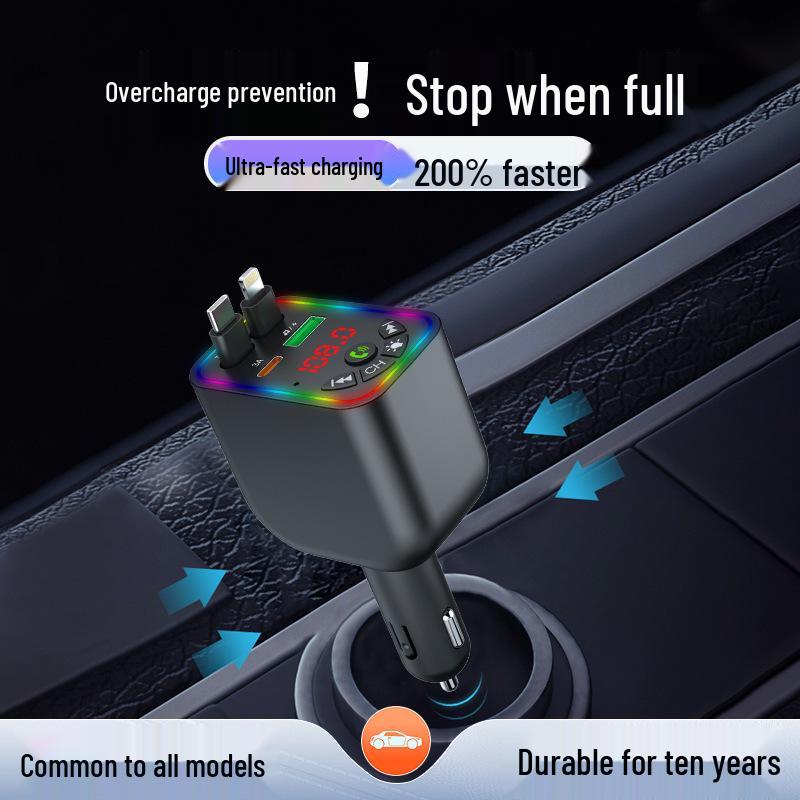 Y5 Car Bluetooth MP3 Charger with Retractable Cable, Fast Charging, Digital Display, Color Light, Cigarette Lighter, and U Disk Player