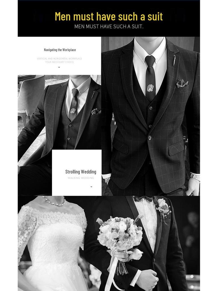 Men's Three-Piece Slim Fit Business Suit - Korean Style Blazer for Weddings and Formal Events