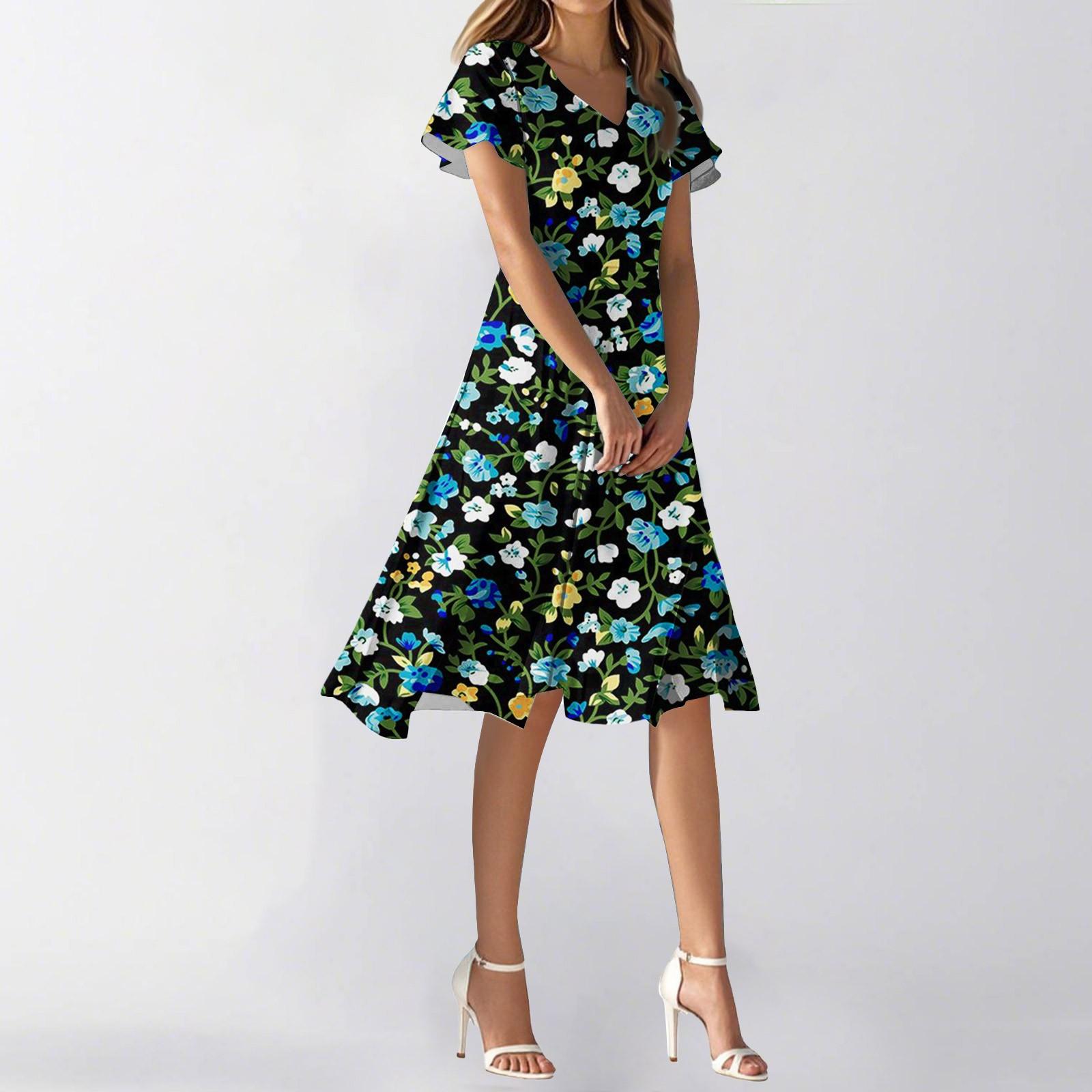 

Жіноча літня повсякденна модна сукня з квітковим принтом, V-подібним вирізом, короткими рукавами та короткою спідницею XXL