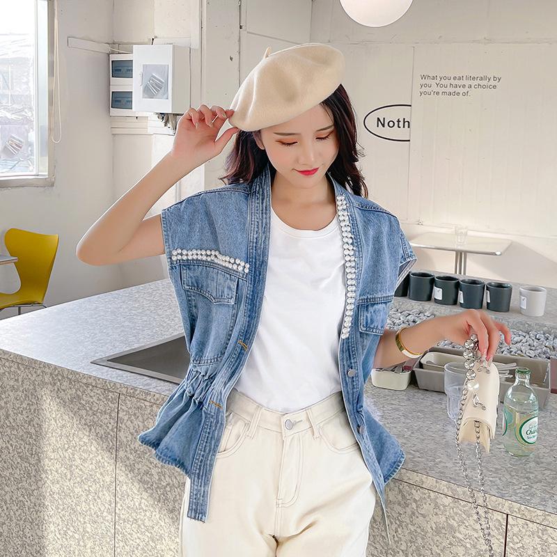 Korean Style Beaded Denim Sleeveless Vest - Summer Slim & Loose Fit