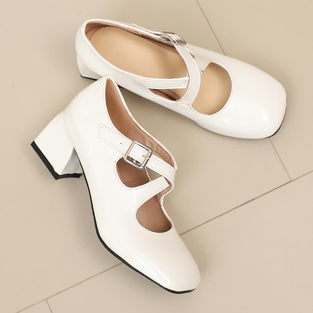 White Women Pumps Square Toe Non-slip Buckle Strap High Block Heel Plus size 45 48