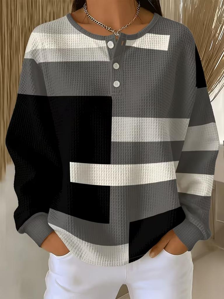 Full Printed Women's trendy waffle pullover, suitable for casual autumn wear, semi-buttoned fashion style top, machine washable