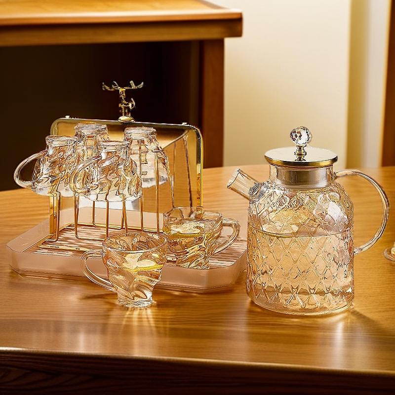 

Amber Water Bottle Set 7-piece Simple Style Home Chinese Style Cool Water Cup Small Fresh Heat Resistant Diamond Hammer Pattern