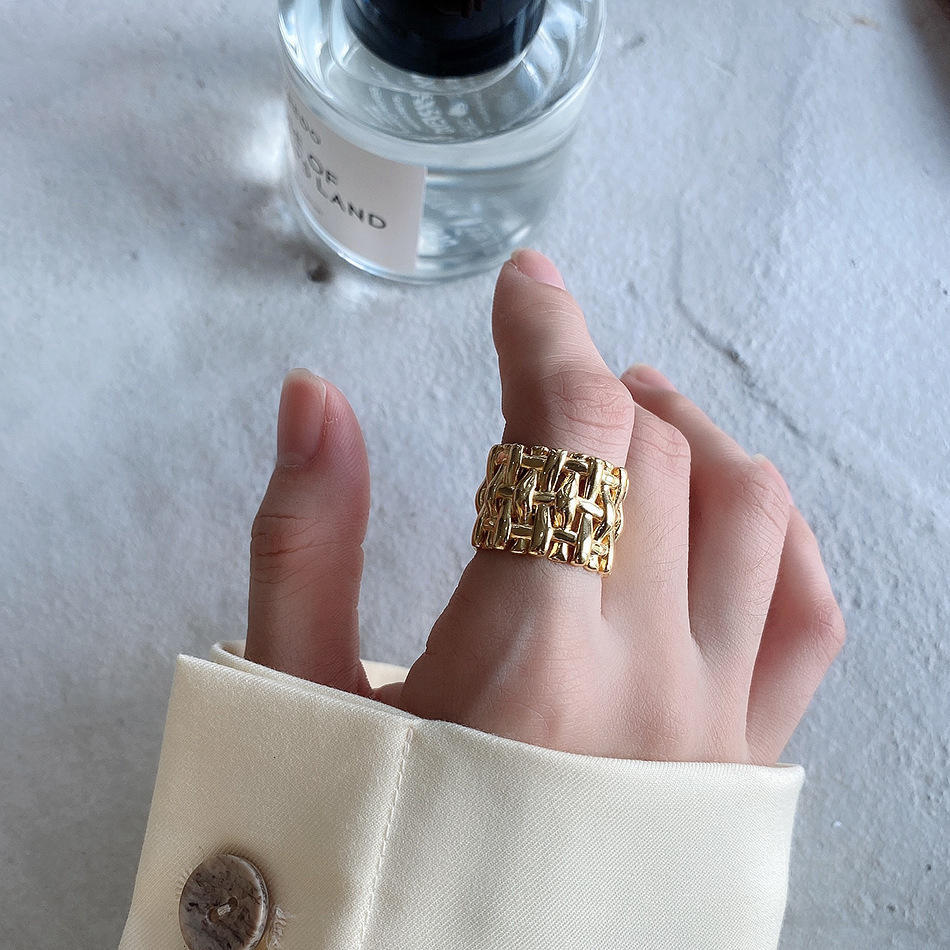 18K Gold Plated Woven Chain Ring, Stainless Steel Wide Band Statement Ring, Fashion Jewelry for Women