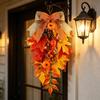 Artificial Maple Leaf Swag with Pumpkins Pinecones Berries and Bow for Autumn Harvest Thanksgiving Home Wall Door Hanging Decoration