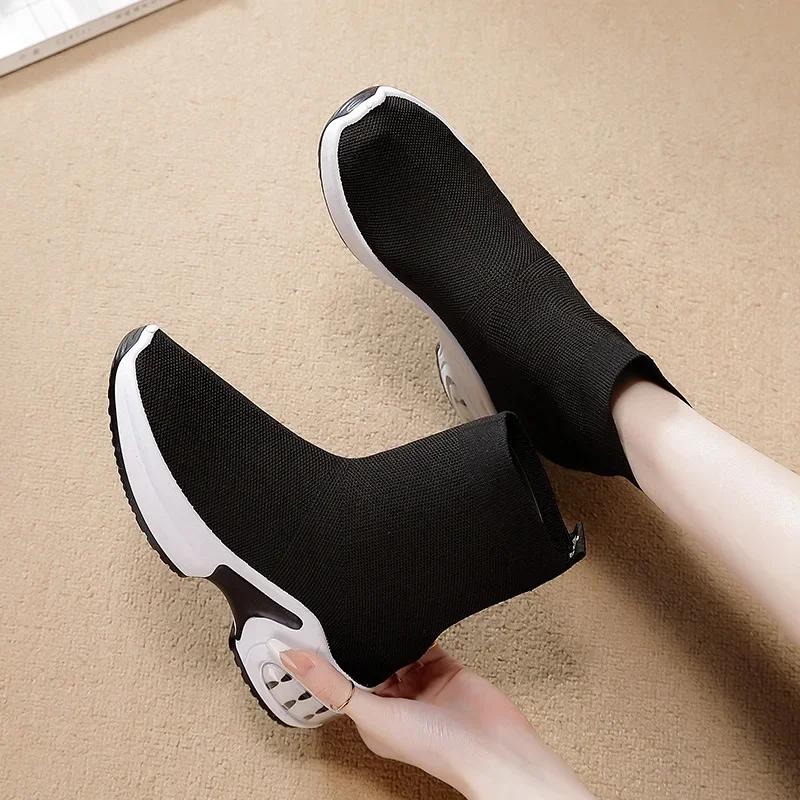 Women's Elastic High-Top Thick-Soled Round Toe Platform Sneakers with Height-Increasing Socks 2024