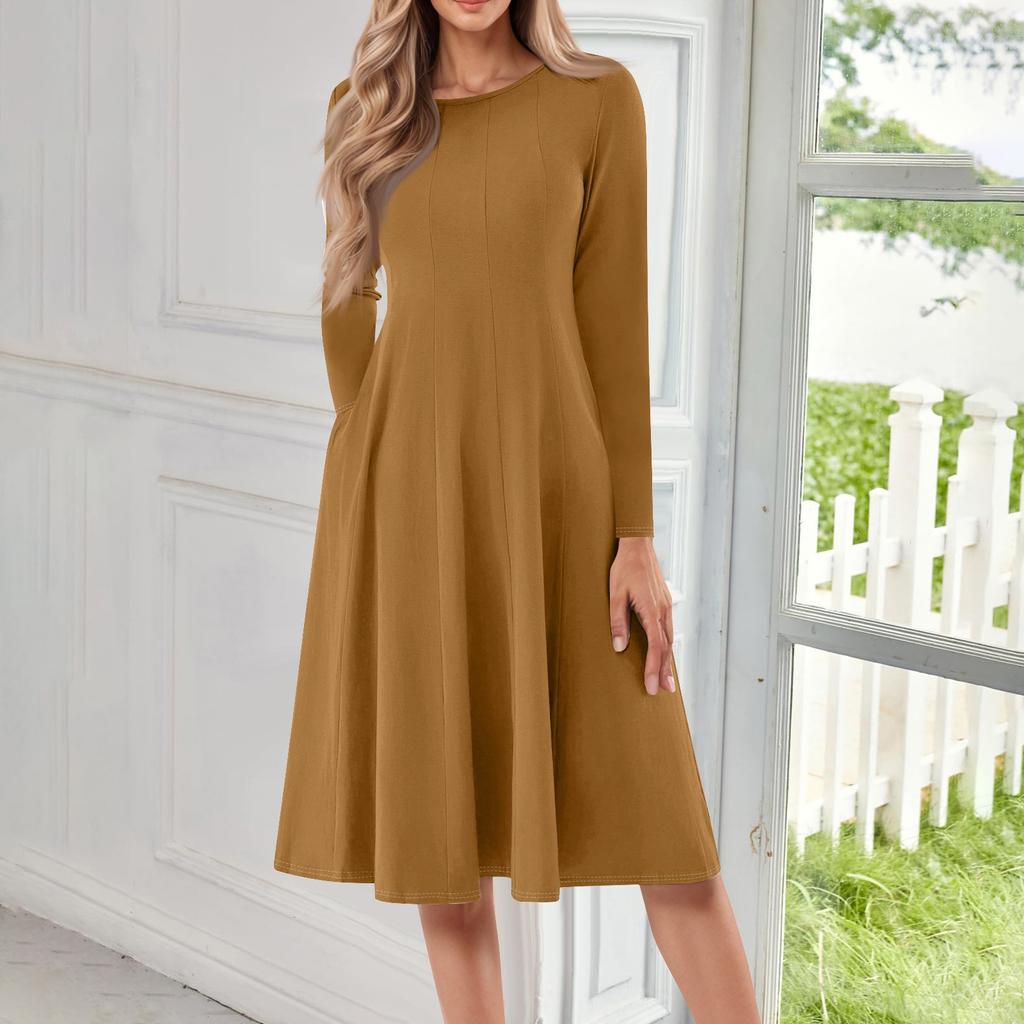 Damen Freizeitmode Rundhals Langarm Farbe Midi Kleid