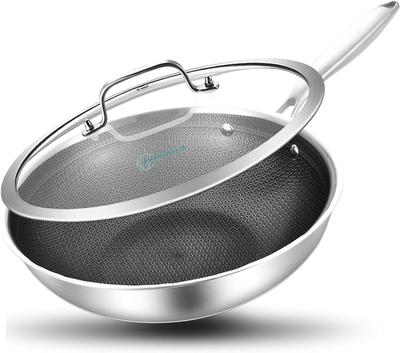 LOLYKITCH Stainless Steel Honeycomb Embossed 26cm Wok with and Oven High Riveted Handle 3-Ply Non-Stick Lid, IH, Dishwasher, Safe, Durability,
