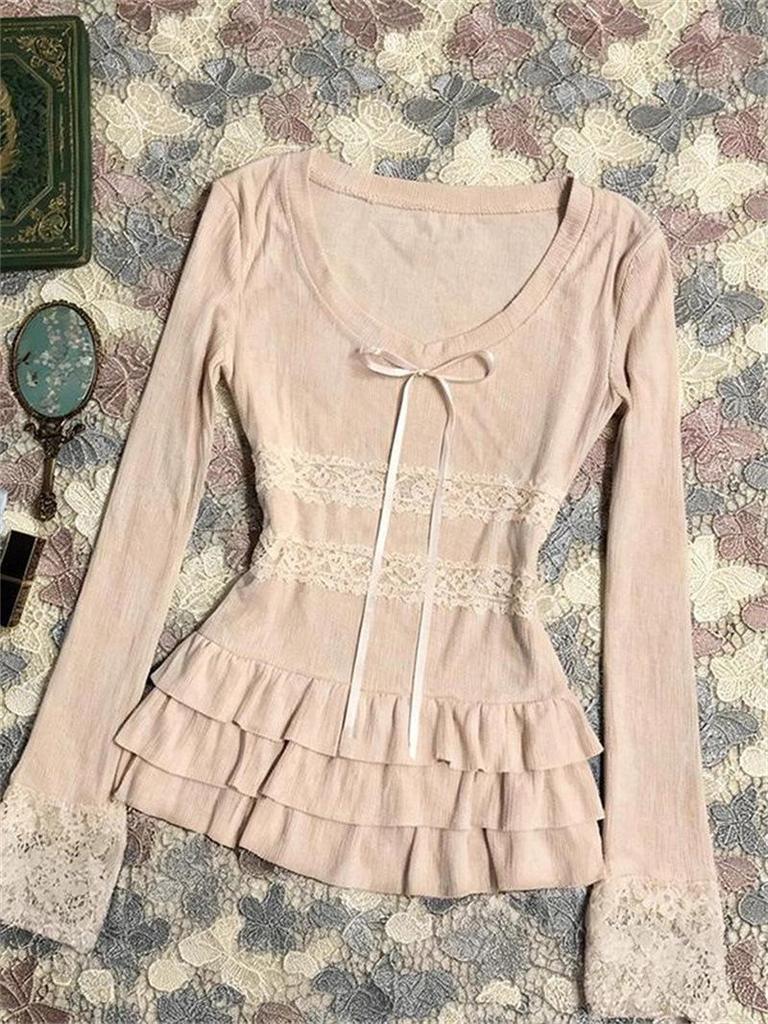 Guangzhou Ribbed Cashmere Lace Trim Long-Sleeve Top