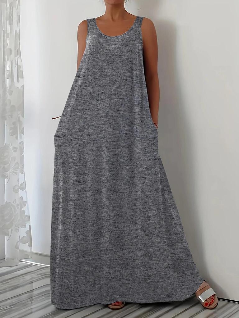 Plus Size Summer Solid Color Dress with Side Pockets (European and American Style)