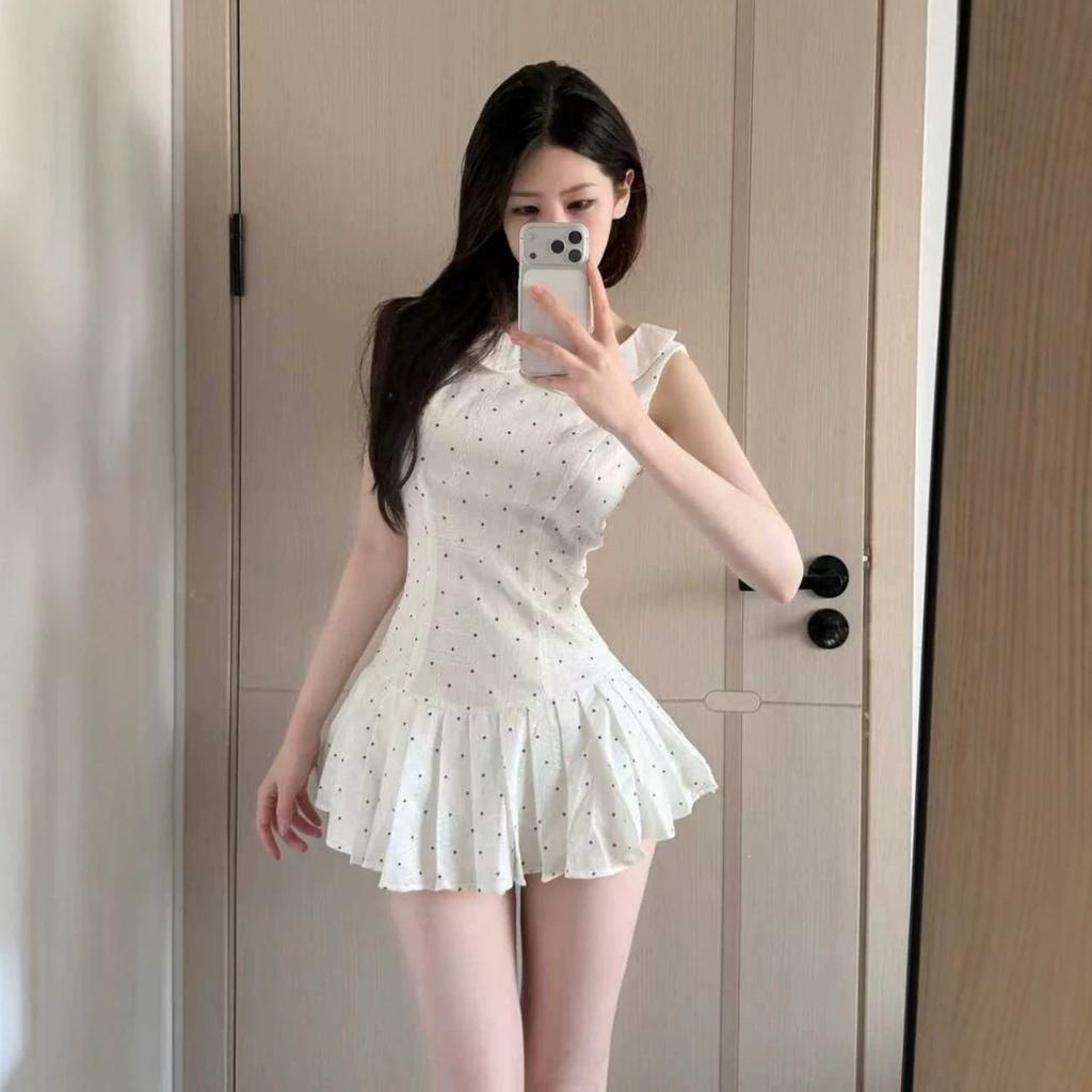 French white doll collar polka dot suspender dress women's summer new small sweet short dress