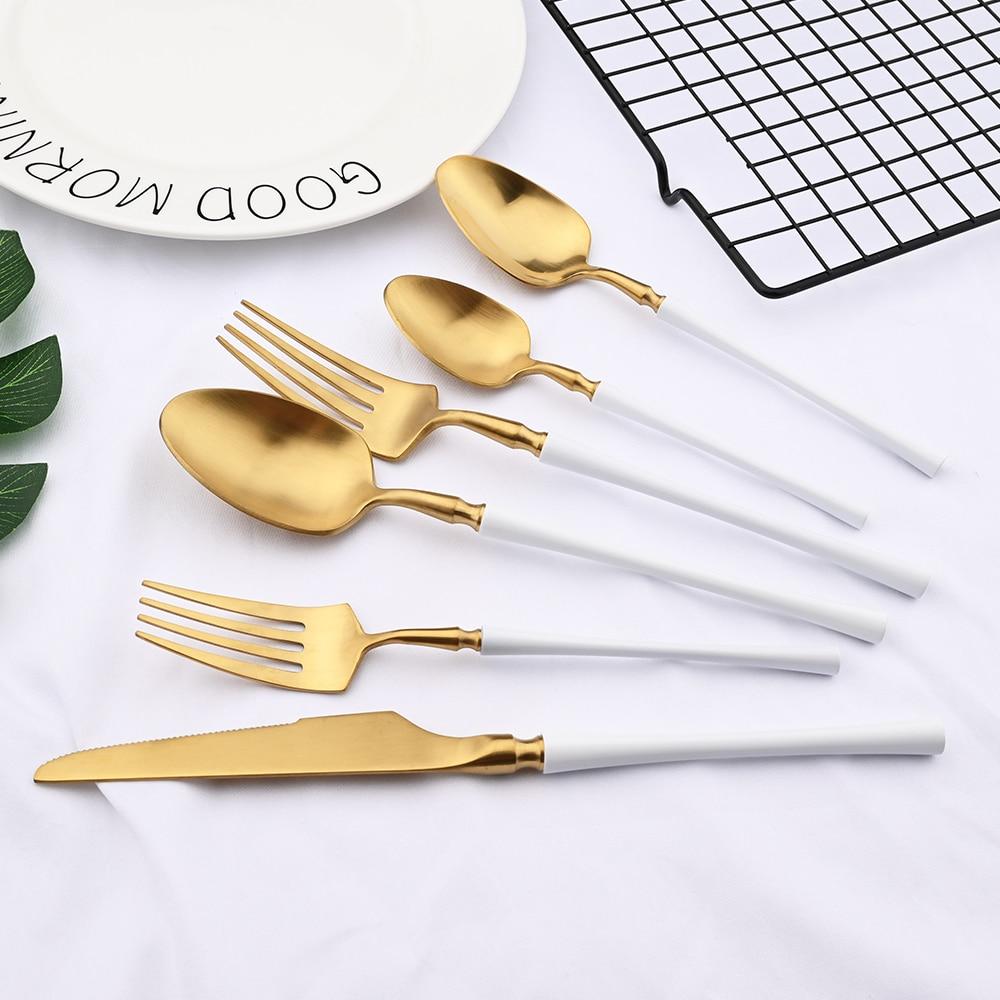 16Pcs/Set White Gold 18/10 Stainless Steel Dinnerware Cutlery Set Fork Coffee Spoon Knife Set Matte Tableware Kitchen Flatware