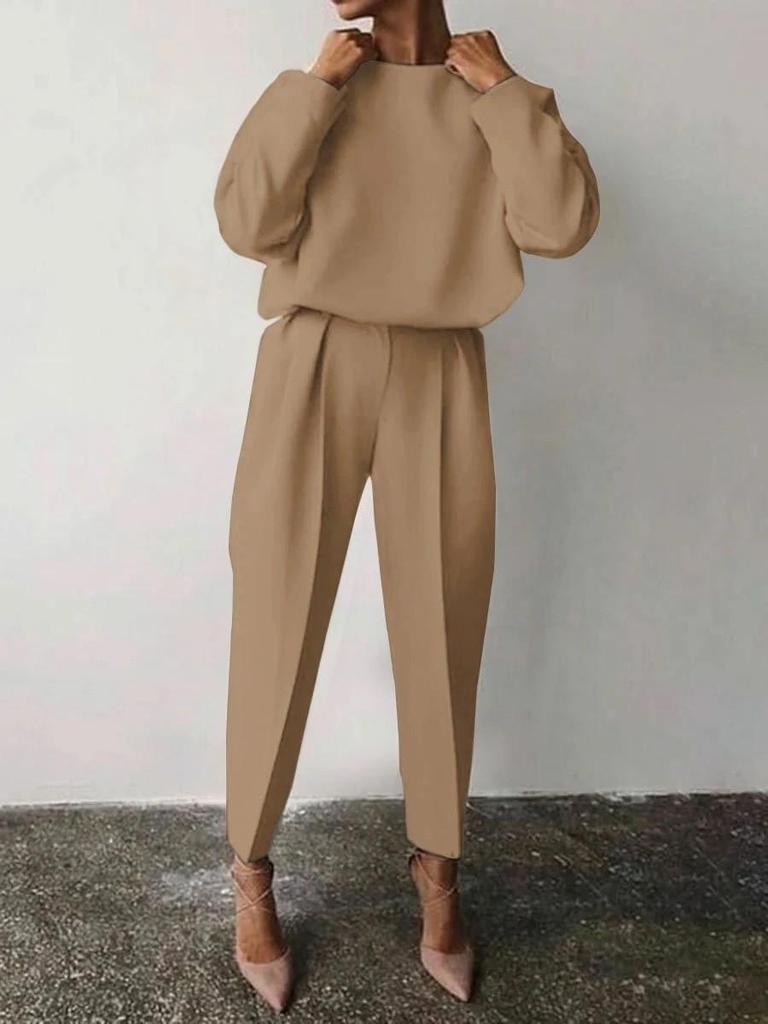 Women's Loose Solid Color Long-Sleeve Casual Two-Piece Suit