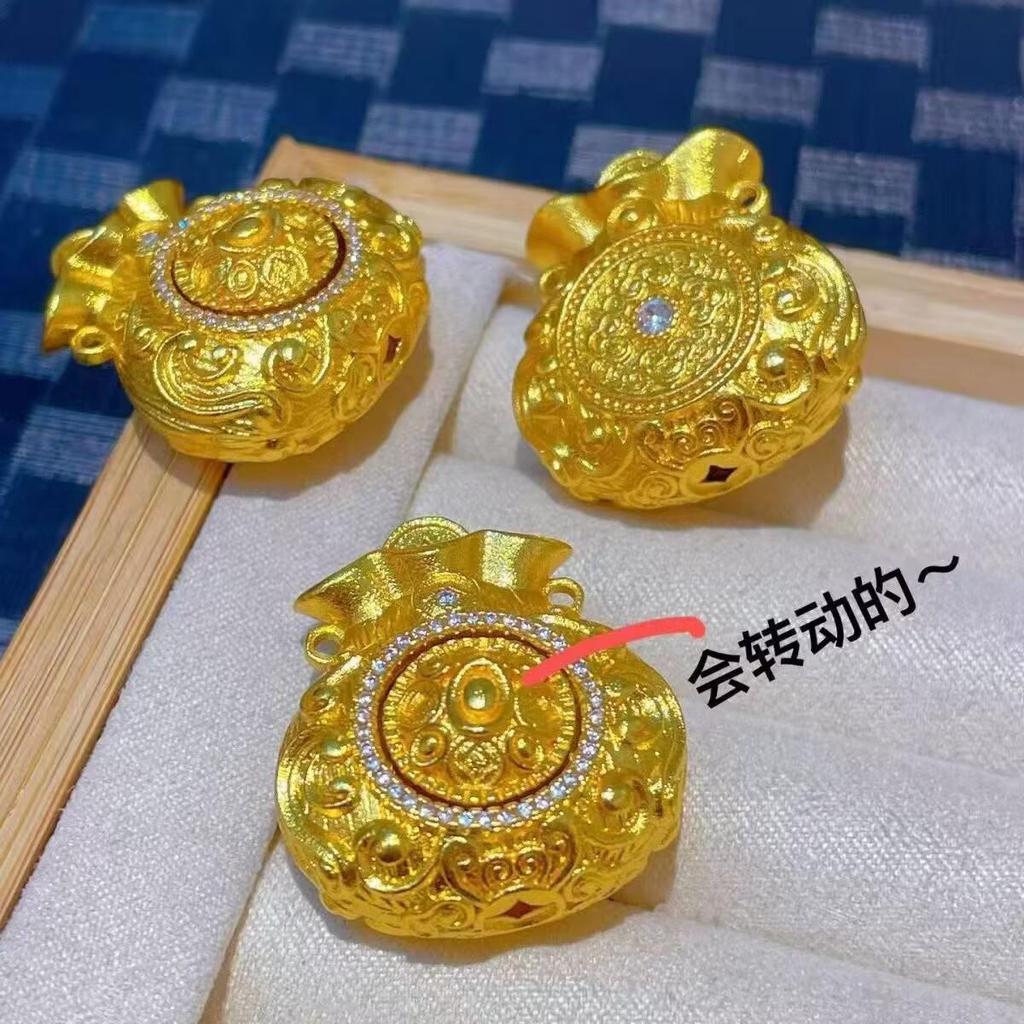 Sand Gold Rotatable Coin Pendant Necklace with Diamond Inlay - Chinese Style Money Bag Sweater Chain for Women